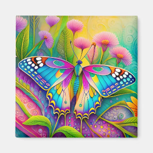 Aimant Papillon psychédélique coloré et Fleur sauvage