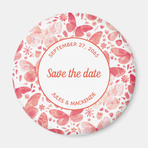 Aimant Papillons Aquarelle Coral rose Enregistrer la date