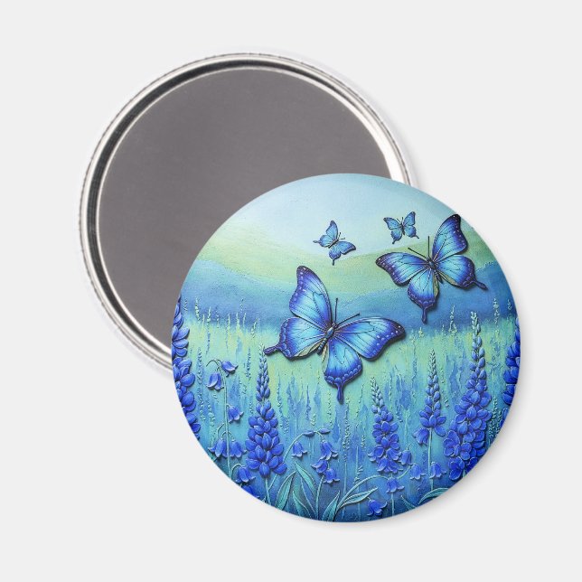 Aimant Papillons Bleus avec des Fleurs Bleues, (Recto/Verso)
