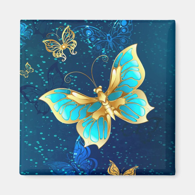 Aimant Papillons d'or sur un Arrière - plan bleu (Devant)