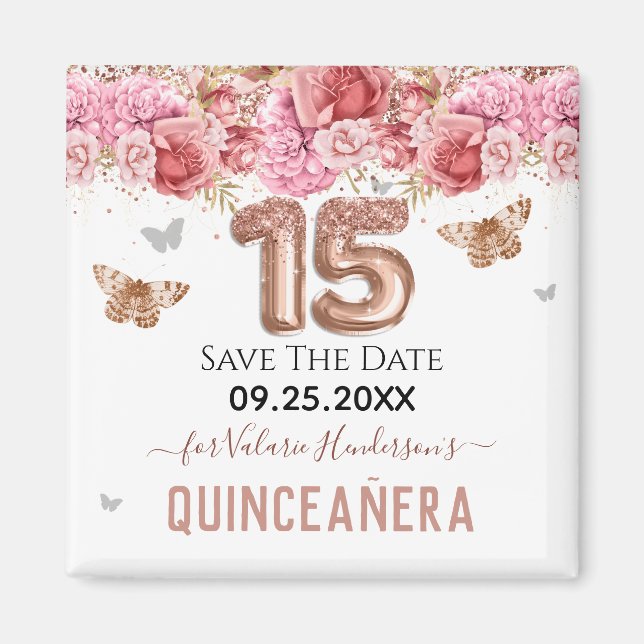 Aimant Papillons floraux Quinceañera rose Enregistrer la  (Devant)