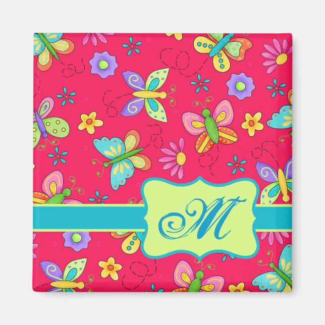Aimant Papillons Whimsy moderne sur Monogramme rouge pers (Devant)