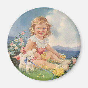 Aimant Pâques vintages, Fille avec Poussins Lamb dans la 