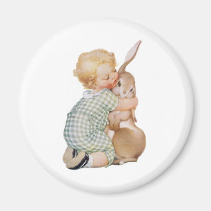 Aimant Pâques vintages, mignon garçon avec lapin lapin