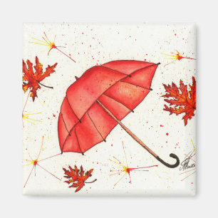Aimant Parapluie rouge vif et aquarelle feuille rouge