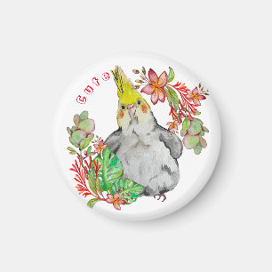 Aimant Parrot Corella mignonne dans les fleurs tropicales