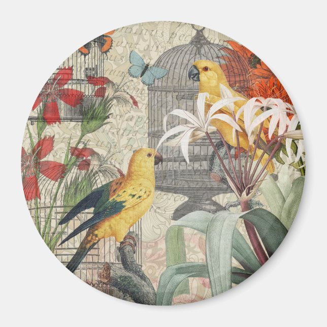 Aimant Parrot Jaune Tropical Antique Fleur (Devant)