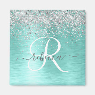 Aimant Parties scintillant argentée turquoise en métal br