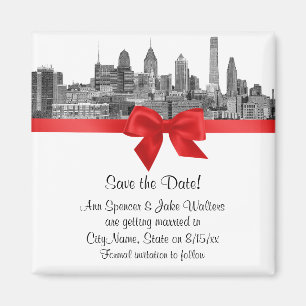 Aimant Paysage de Philadelphie Etch BW Rouge Save the Dat