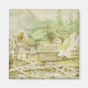 Aimant Paysage nordique avec la hutte et le déversoir en