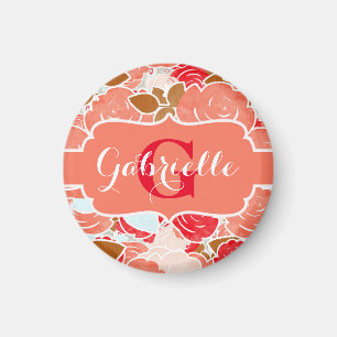 Aimant Peach & Gold Aquarelle Rose Monogramme Floral