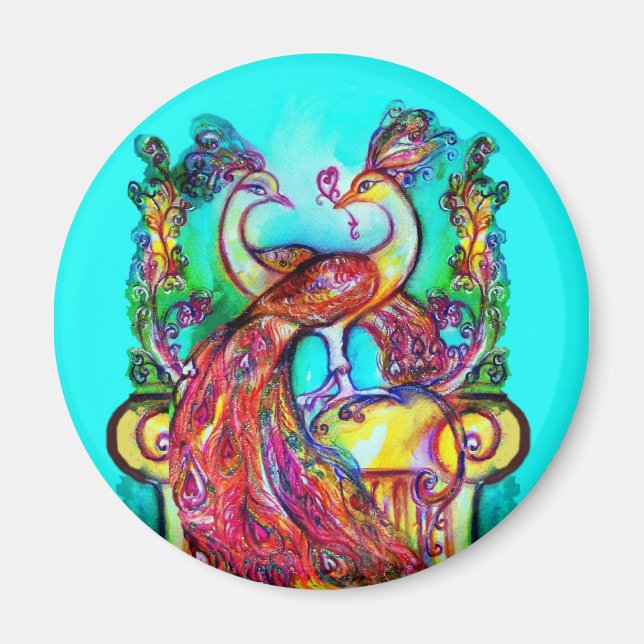 Aimant PEACOCKS IN LOVE MONOGRAM rouge bleu turquase vert (Devant)