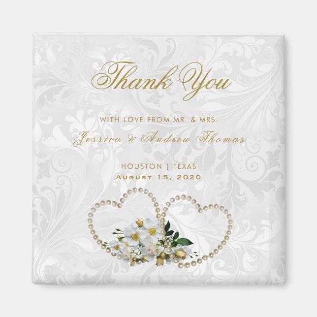 Aimant Pearl Hearts & Fleurs Mariage damassé Merci (Devant)
