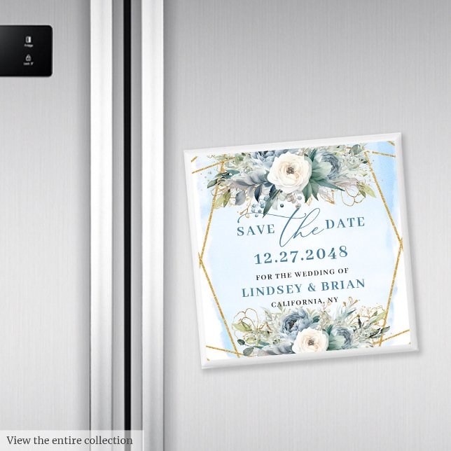 Aimant Peine blanche bleu foncé et sophistiquée Sauvez la (Sophisticated Dusty Blue White Peony Save the Date)