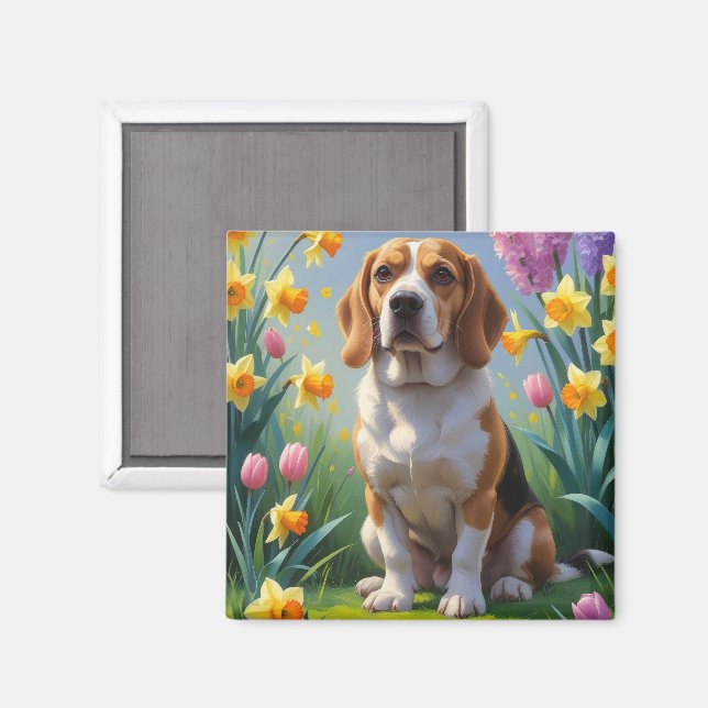 Aimant Peinture beagle Fleurs de printemps de chien (Recto/Verso)