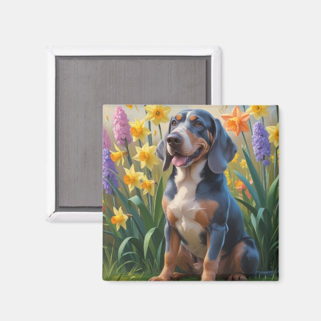 Aimant Peinture Bluetick Coonhound Chien Fleurs de printe (Recto/Verso)