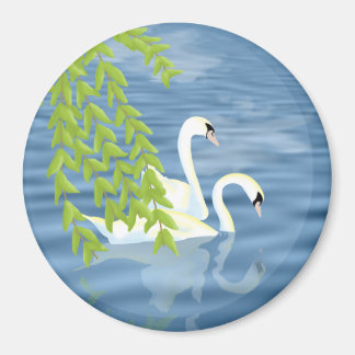 Aimant Peinture Couple bleu et vert de cygnes sur le lac