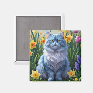 Aimant Peinture de fleurs de printemps au chat bleu orien