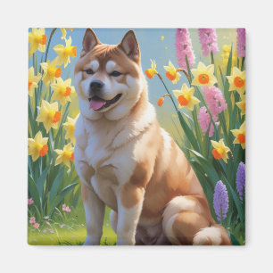 Aimant Peinture de fleurs de printemps de chien Akita