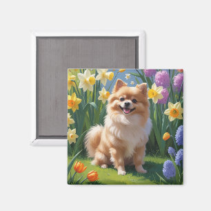 Aimant Peinture de fleurs de printemps de chien Poméranie
