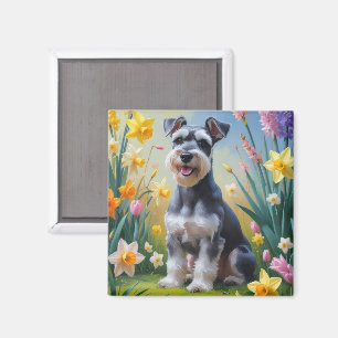 Aimant Peinture de fleurs de printemps de chien Schnauzer