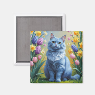 Aimant Peinture de fleurs printanières de chat bleu russe