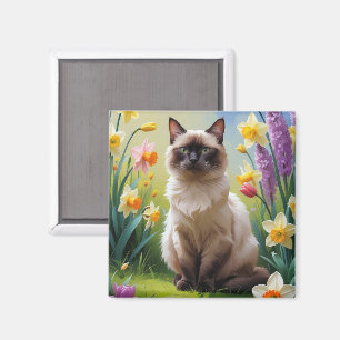 Aimant Peinture de fleurs printanières de chat siamois