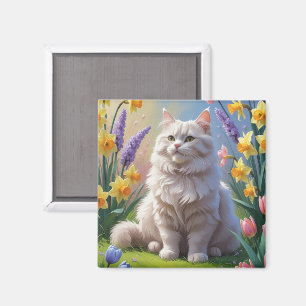 Aimant Peinture de fleurs printanières de chat sibérien