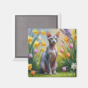 Aimant Peinture de fleurs printanières de chat Sphynx