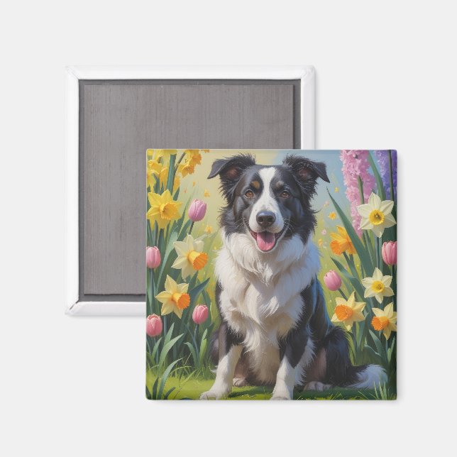 Aimant Peinture de fleurs printanières de chien Border Co (Recto/Verso)