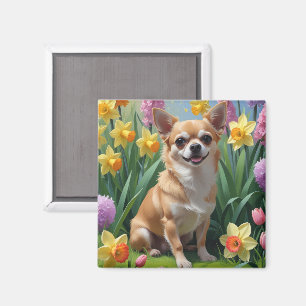 Aimant Peinture de fleurs printanières de chien Chihuahua