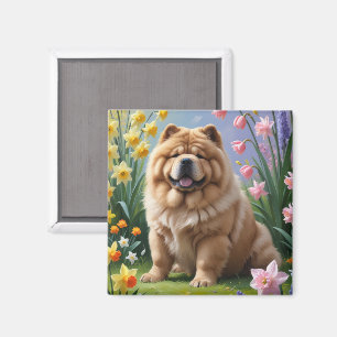 Aimant Peinture de fleurs printanières de chien Chow Chow