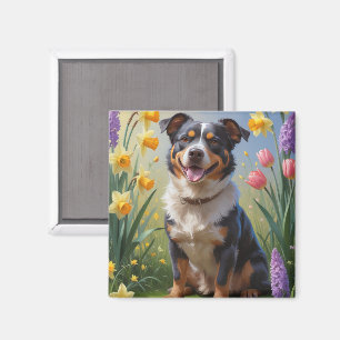 Aimant Peinture de fleurs printanières de chien de bétail
