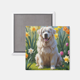 Aimant Peinture de fleurs printanières de chien des Pyrén