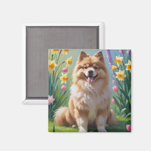 Aimant Peinture de fleurs printanières de chien Keeshond