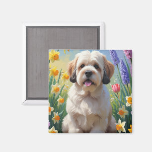 Aimant Peinture de fleurs printanières de chien Lhasa Aps