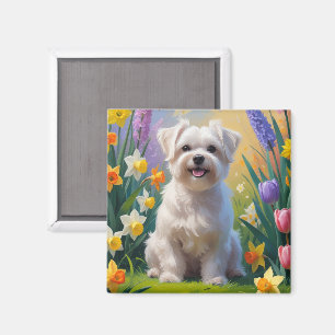 Aimant Peinture de fleurs printanières de chien maltais
