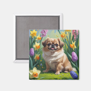 Aimant Peinture de fleurs printanières de chien pékinois