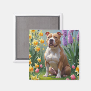 Aimant Peinture de fleurs printanières de chien Pitbull