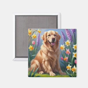 Aimant Peinture de fleurs printanières de chien Retriever