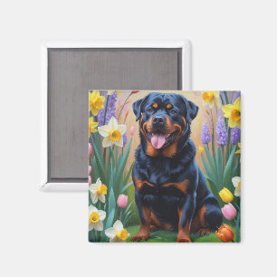 Aimant Peinture de fleurs printanières de chien Rottweile