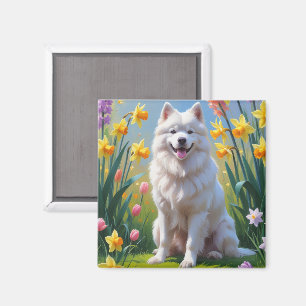 Aimant Peinture de fleurs printanières de chien Samoyed