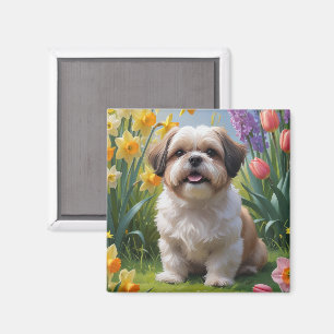 Aimant Peinture de fleurs printanières de chien Shih Tzu