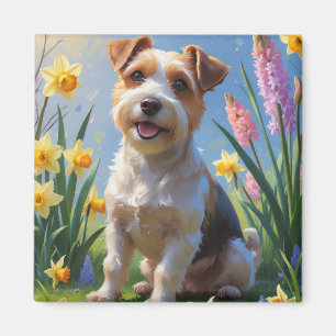 Aimant Peinture de fleurs printanières de chien Terrier B