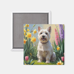Aimant Peinture de fleurs printanières de chien Terrier C