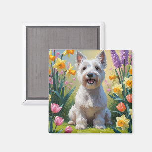 Aimant Peinture de fleurs printanières de chien Terrier S