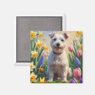 Aimant Peinture de fleurs printanières de chien Terrier W