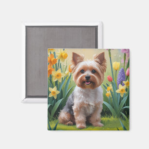 Aimant Peinture de fleurs printanières de chien Yorkipoo