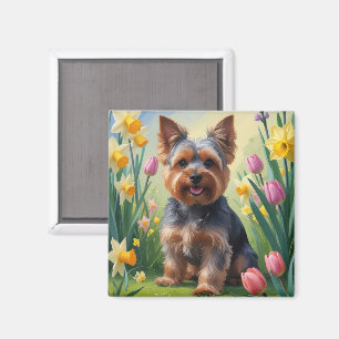 Aimant Peinture de fleurs printanières de Terrier de York