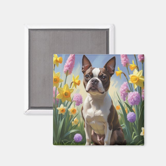 Aimant Peinture de printemps de chien de Boston Terrier (Recto/Verso)